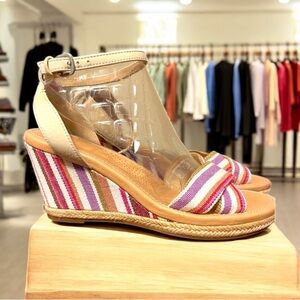 UGG Striped Espadrille Wedge Sandals Tan Leather Ankle Strap Size‎ 10